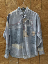 Vintage 90s pastel blue grey abstract pattern long sleeve ugly shirt size large